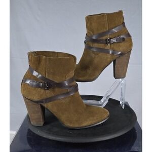 Carlos Santana Miles Brown Leather Ankle Boots 7 Block Heel Buckle Western